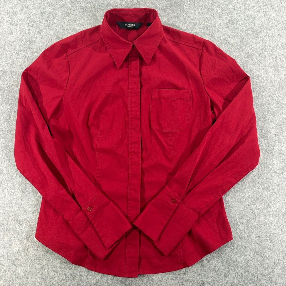 Express Stretch Red Long Sleeve Button Down Shirt Blouse Size 9/10 Workwear